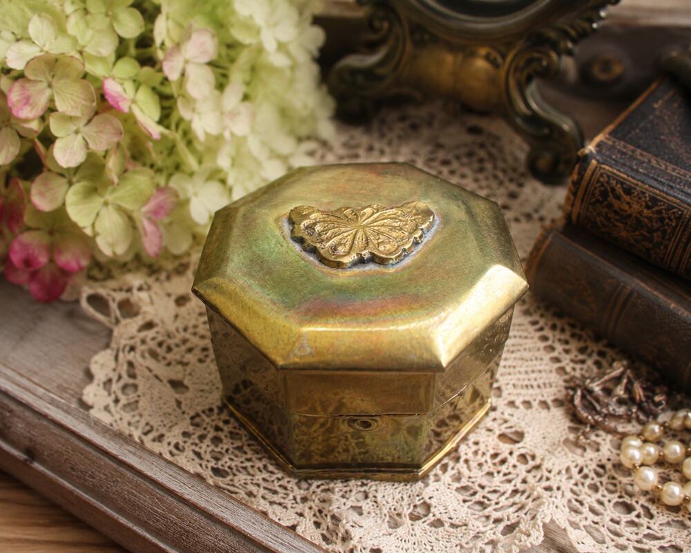 Vintage Brass Butterfly Trinket Box Octagonal Hinged Jewelry Keepsake Box